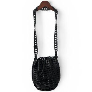 Black Woven Leather Bucket Bag | Drawstring | Excellent